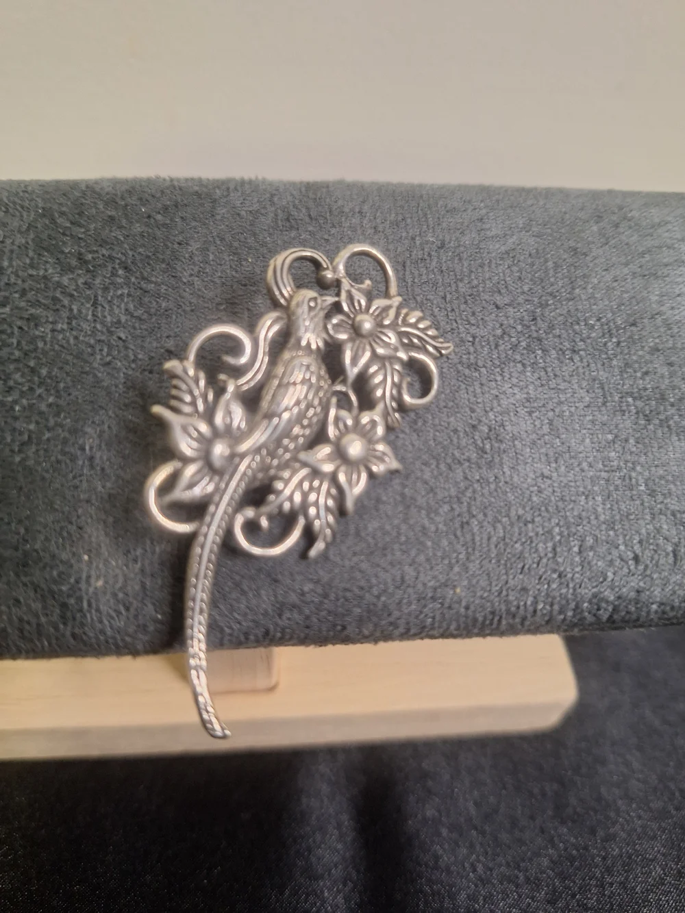 Vintage Silver-Tone Parrot Floral Brooch -